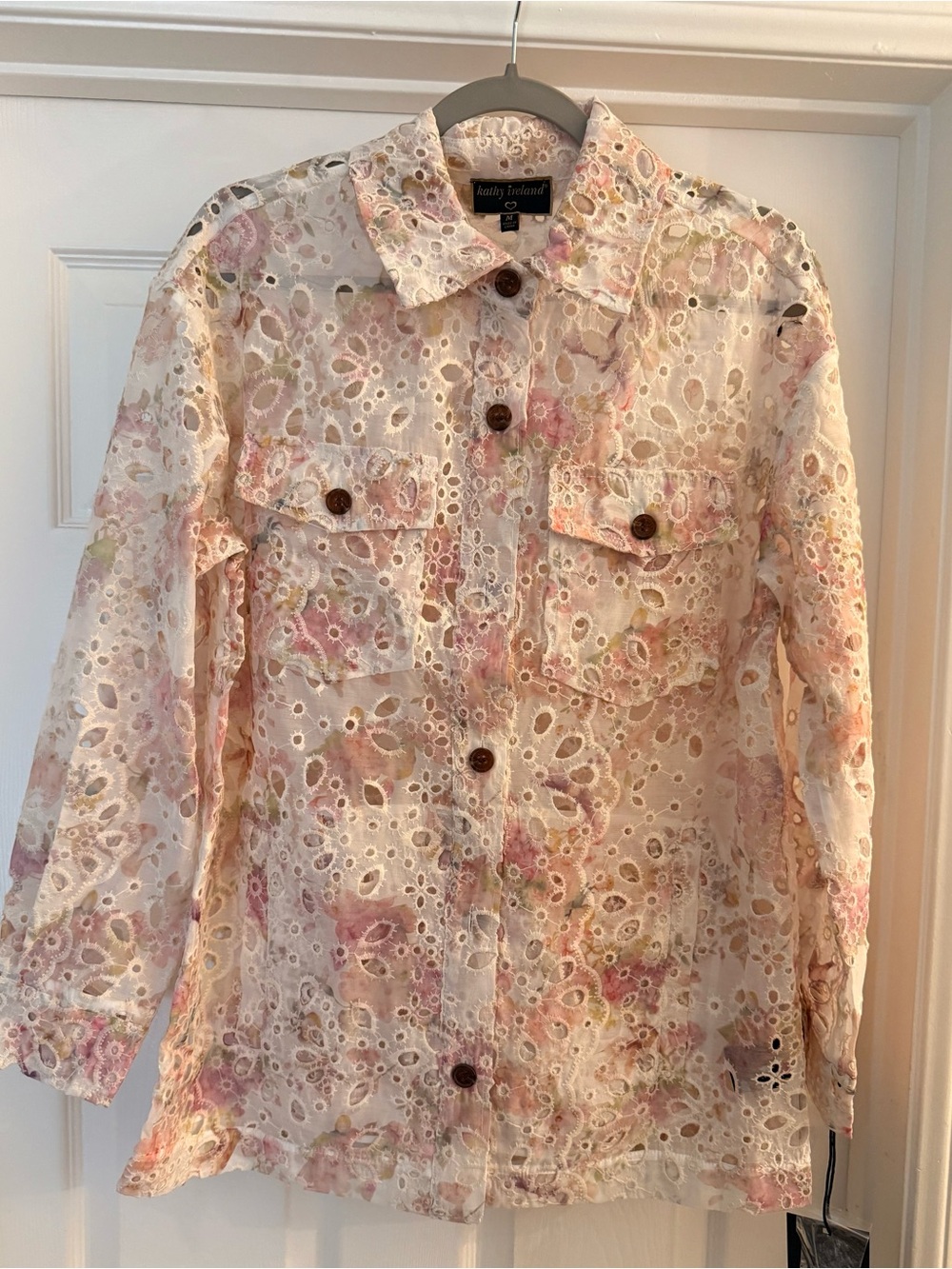 kathy ireland Cream Floral Eyelet Jean Jacket with Pink Accents
